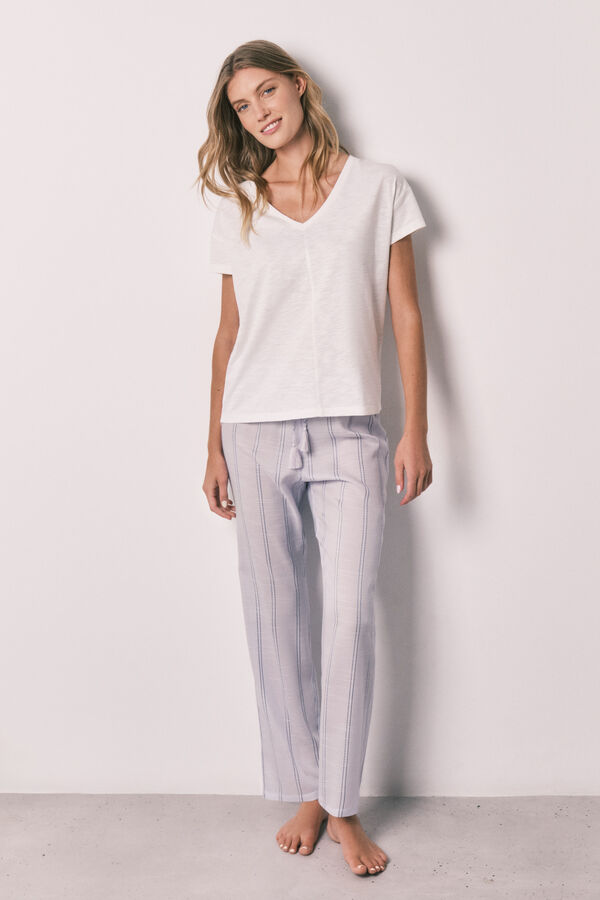 Women'secret Pijama larga de algod&oacute;n de rayas lila de manga corta marfil