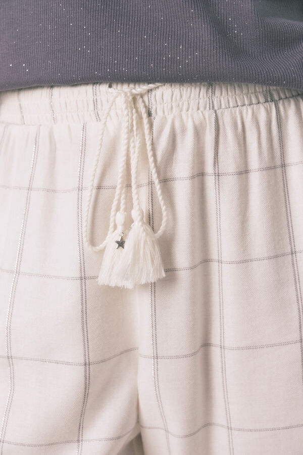 Women'secret Pantalón largo de franela blanca con estampado de cuadros marfil