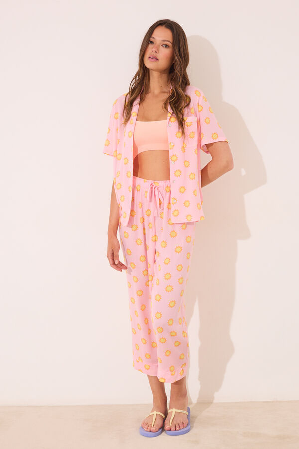 Womensecret Pijama camisera Capri de viscosa rosa con protección solar rosa