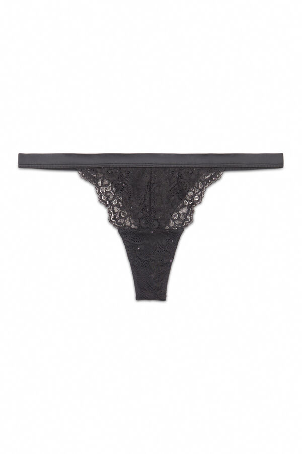 Women'secret Tanga tira encaje negro brillo negro