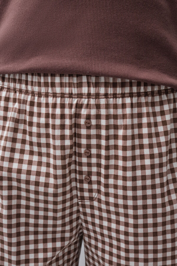 Women'secret Pijama larga de algod&oacute;n a cuadros caf&eacute;
