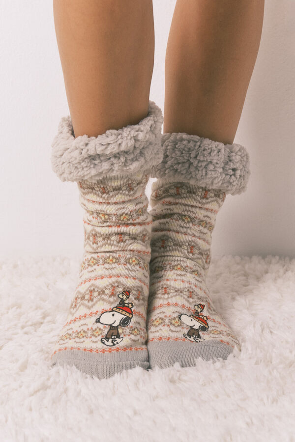 Women'secret Calcetines largos de piel con estampado cenefa gris