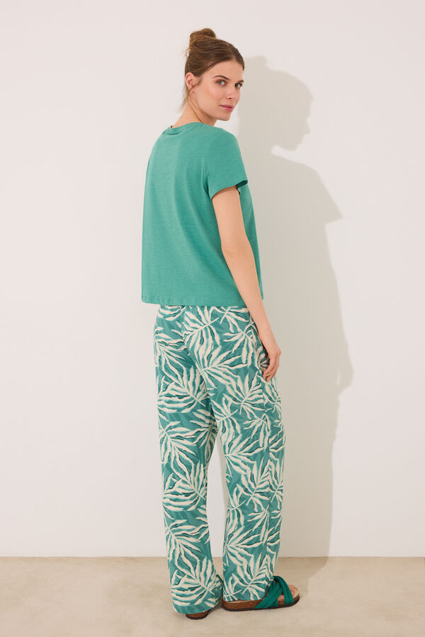 Womensecret Pantalón de viscosa con estampado de hojas verdes estampado