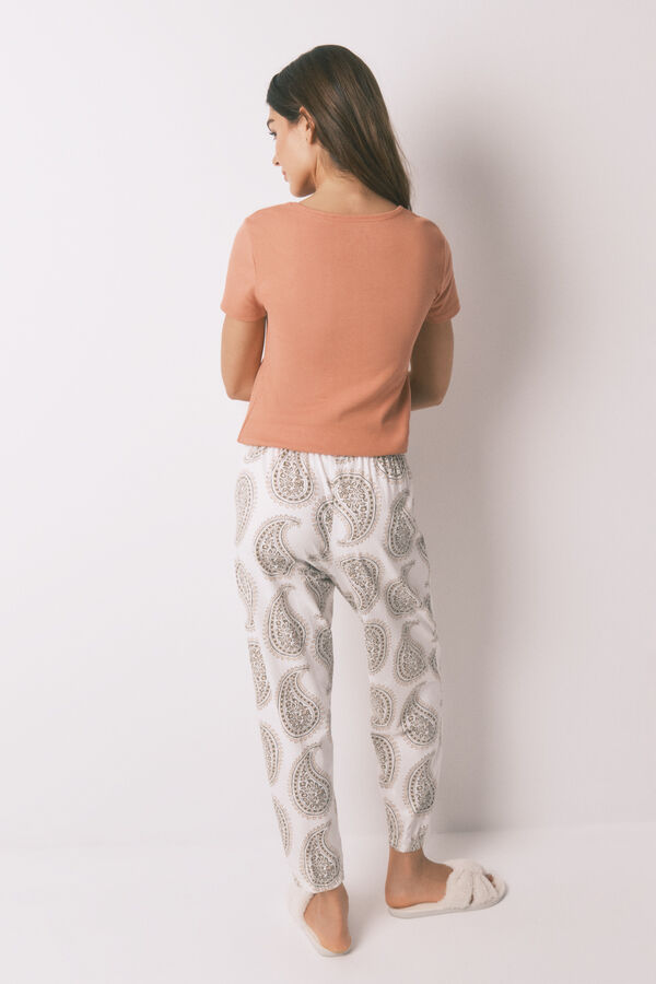 Women'secret Pantalón largo color 100 % algodón con estampado paisley marfil