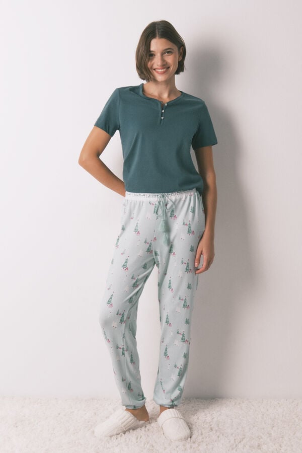 Women'secret Pantalón largo de tejido con estampado navidad verde