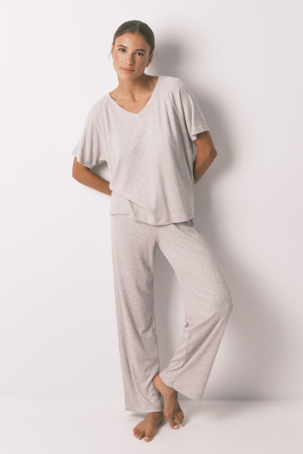 Women'secret Pijama larga canalé perchado gris gris