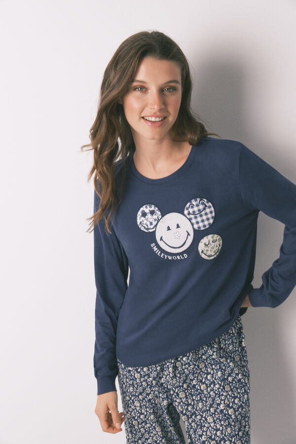 Women'secret Pijama larga 100% algodón SmileyWorld® azul azul