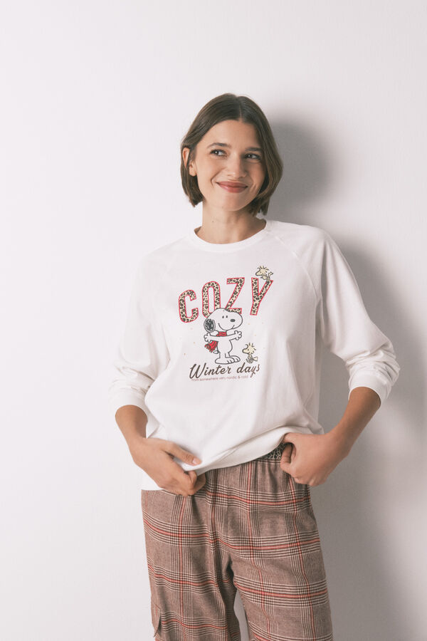 Women'secret Pijama larga 100% algod&oacute;n con estampado de cuadros de Snoopy marfil
