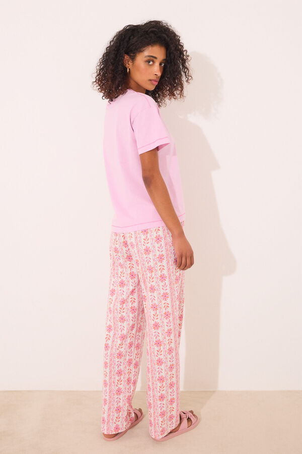 Womensecret Pantalón largo de salón 100% algodón flores rosa