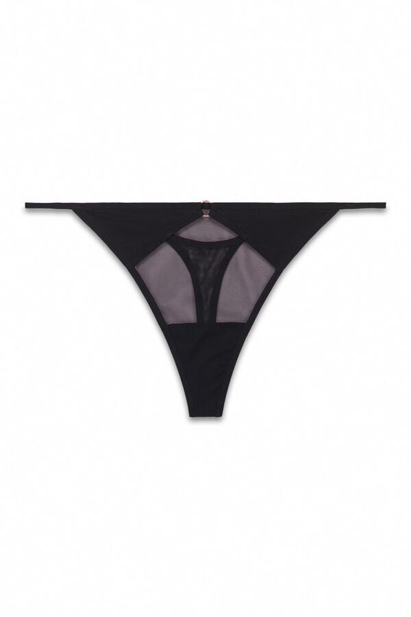 Women'secret Tanga de tul de microfibra negra negro