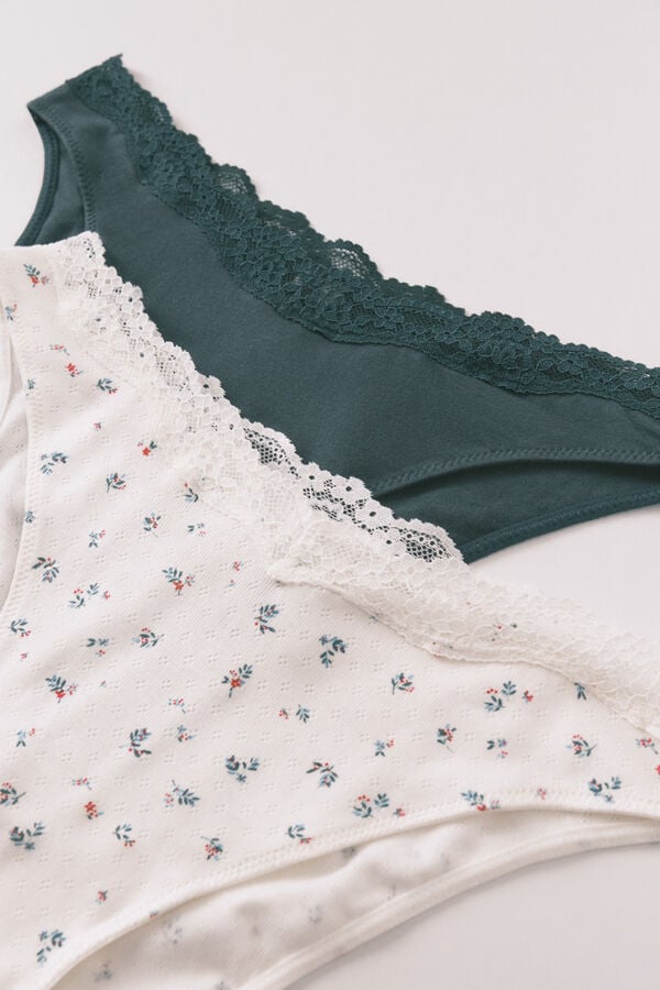 Women'secret Pack de 2 panties clásica de algodón verde con estampado blanco kaki