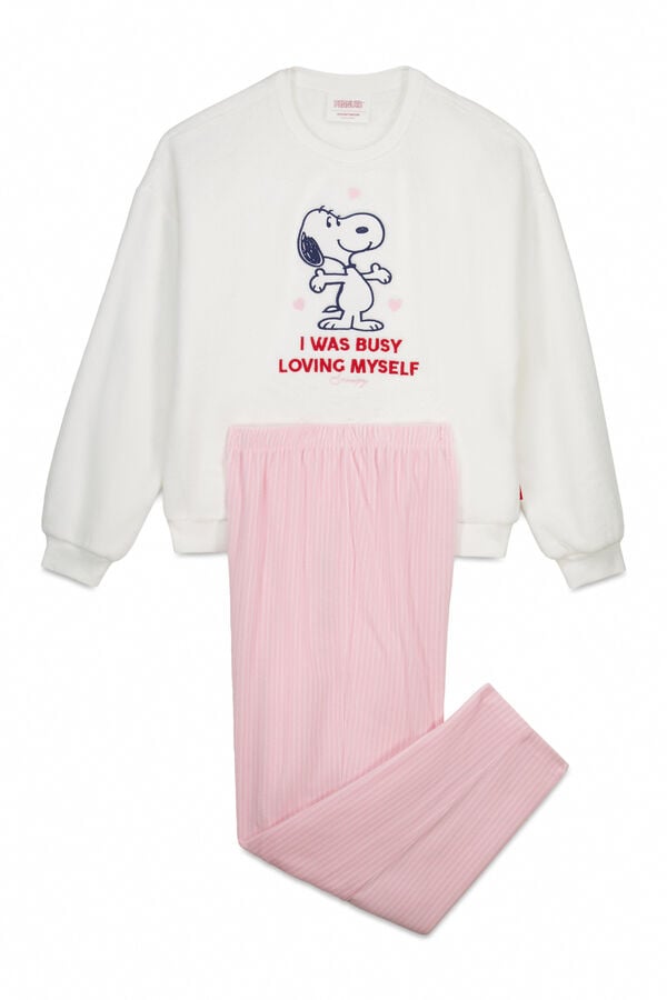Women'secret Pijama larga de polar Snoopy marfil