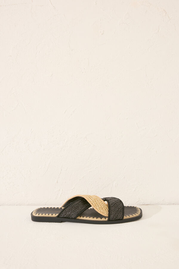 Womensecret Chanclas de rafia negra con tirantes cruzadas negro