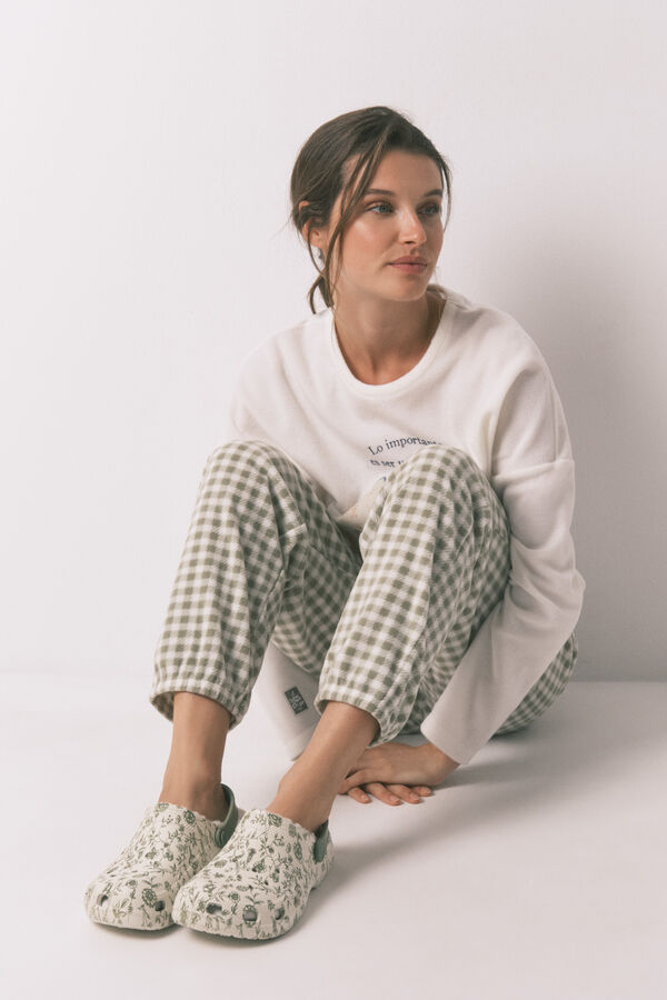 Women'secret Pantuflas para casa tipo zuecos flores verde estampado