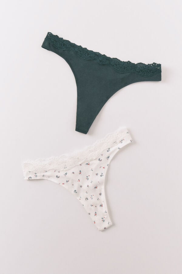 Women'secret Pack de 2 tangas de algodón verde con estampado blanco kaki