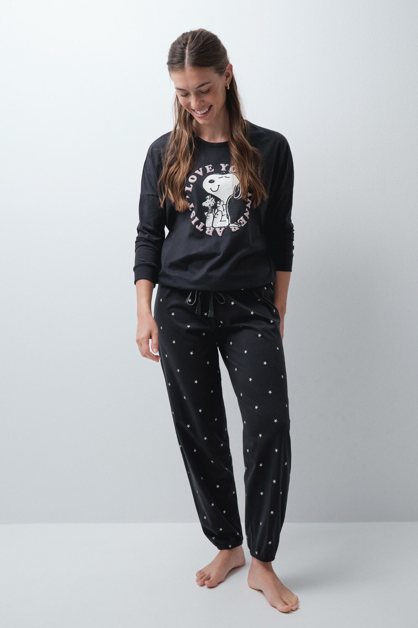 Women'secret Pijama larga de algod&oacute;n Snoopy gris oscuro