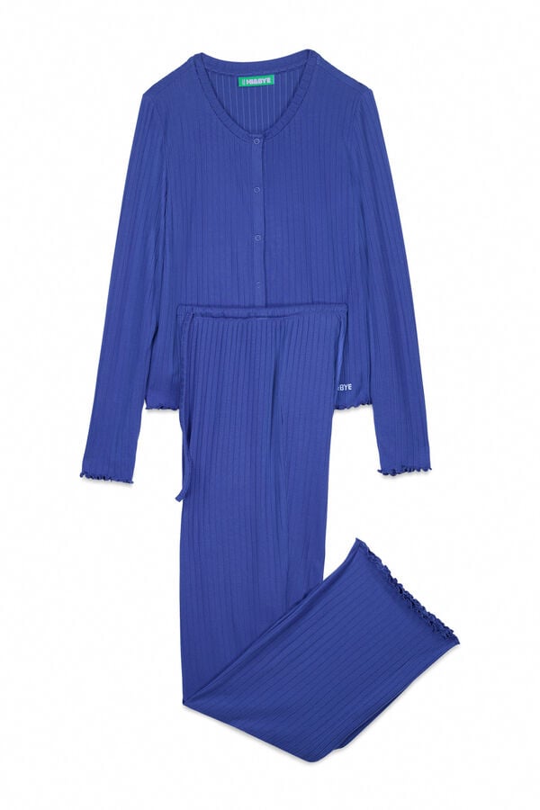 HI&BYE Pijama larga algodón acanalado azul estampado