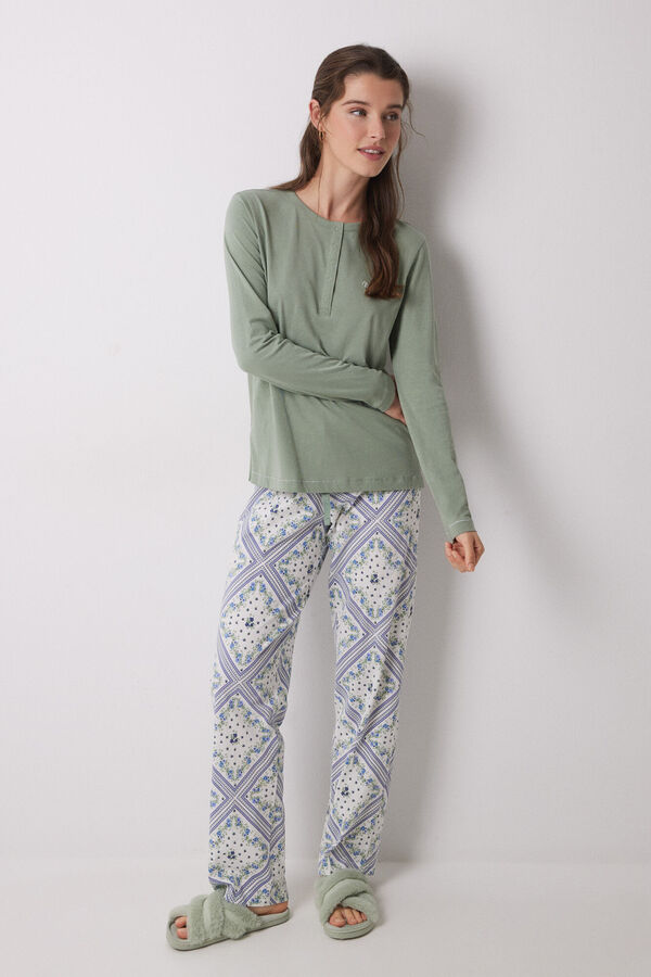 Womensecret Pijama larga 100% algodón estampado pañuelo kaki