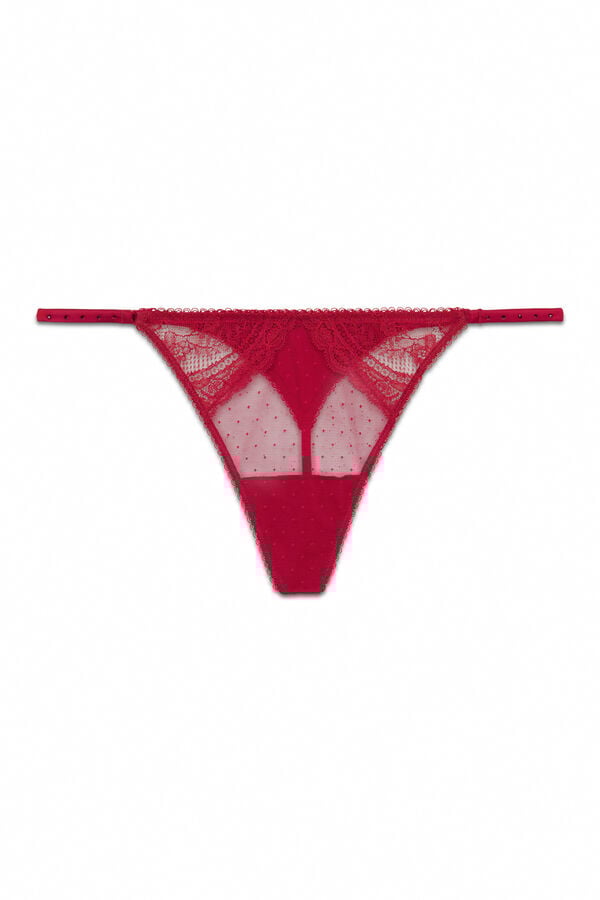 Women'secret Tanga tira plumetí y encaje rojo brillante rojo