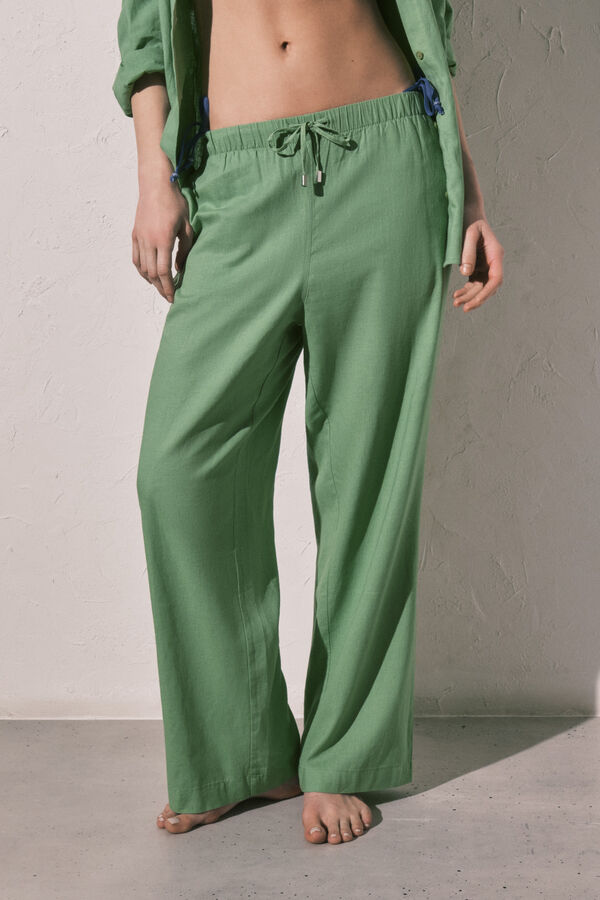 Women'secret Pantal&oacute;n largo de lino verde verde