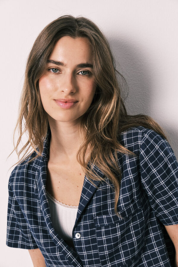 Women'secret Pijama camisera a cuadros de algod&oacute;n azul estampado