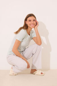 Womensecret Pijama de viscosa con canalé de rayas verde