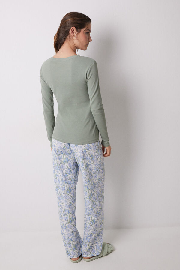 Womensecret Pijama larga 100% algodón canalé verde flores kaki