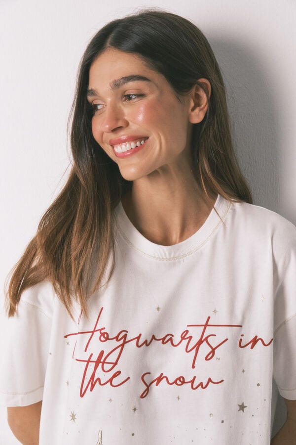 Women'secret Pijama larga 100% algodón estampado" Hogwarts" marfil
