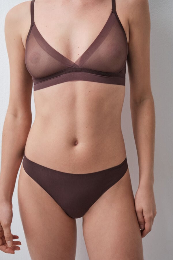 Women'secret Panty brasile&ntilde;o de microfibra y tul caf&eacute; caf&eacute;