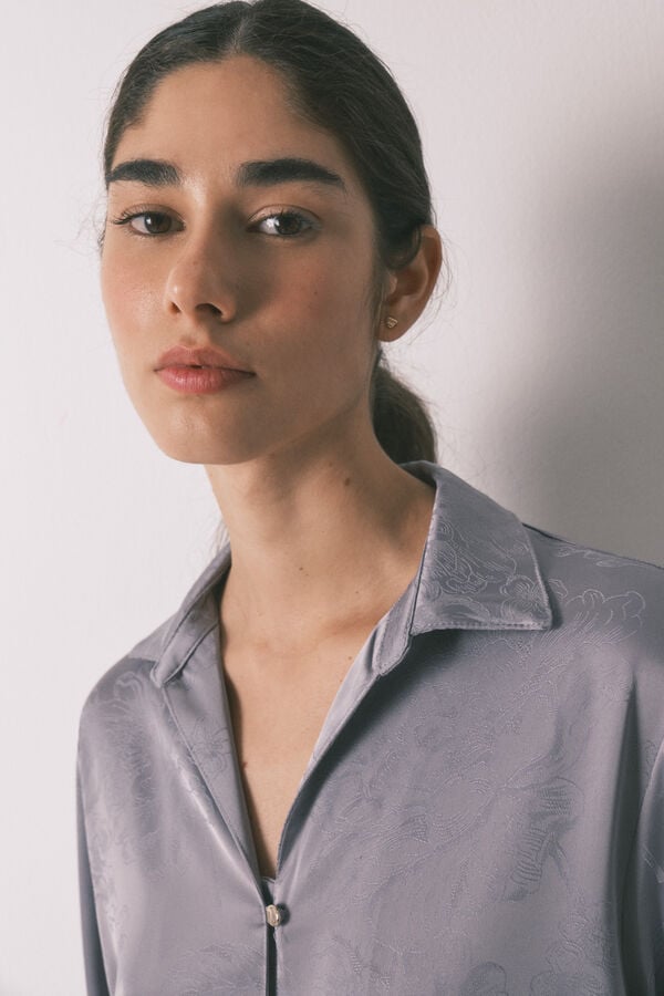 Women'secret Pijama camisera larga satén jacquard gris gris