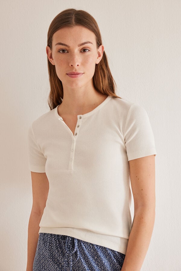Womensecret Camiseta blanca con cuello redondo, 100% algodón, manga corta marfil