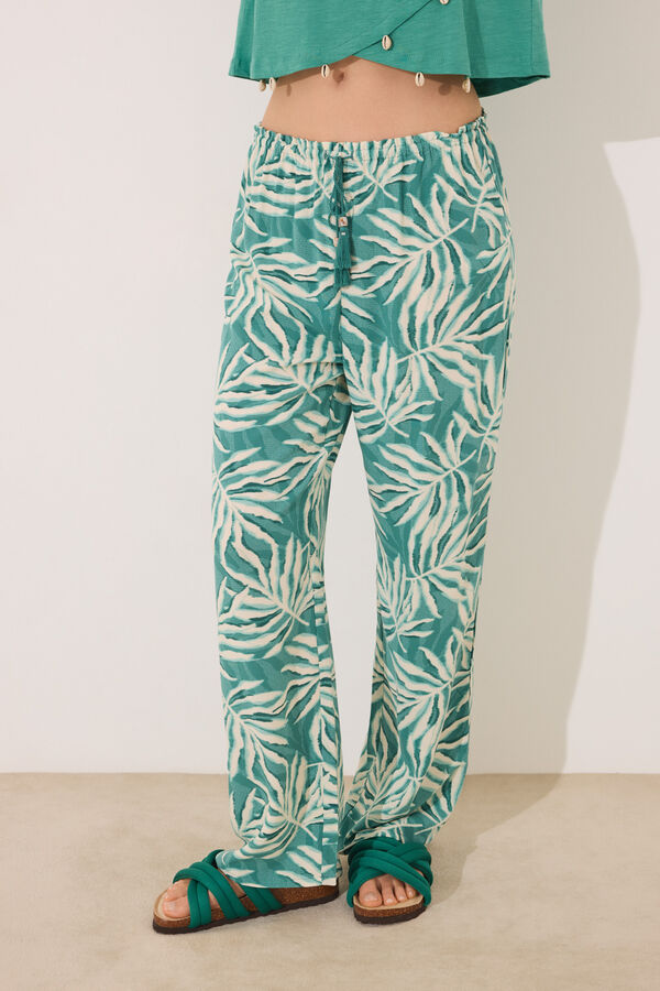 Womensecret Pantalón de viscosa con estampado de hojas verdes estampado