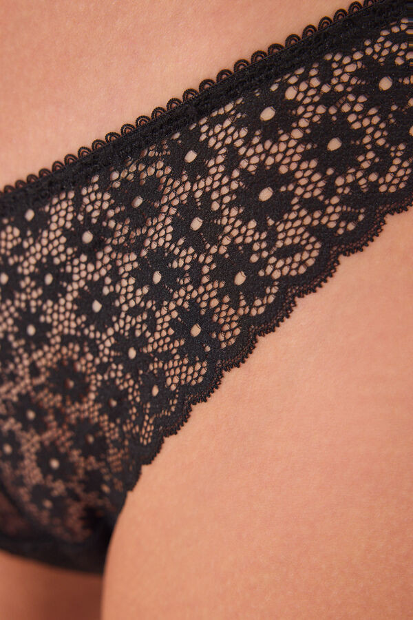 Womensecret Tanga de encaje de flores negro negro