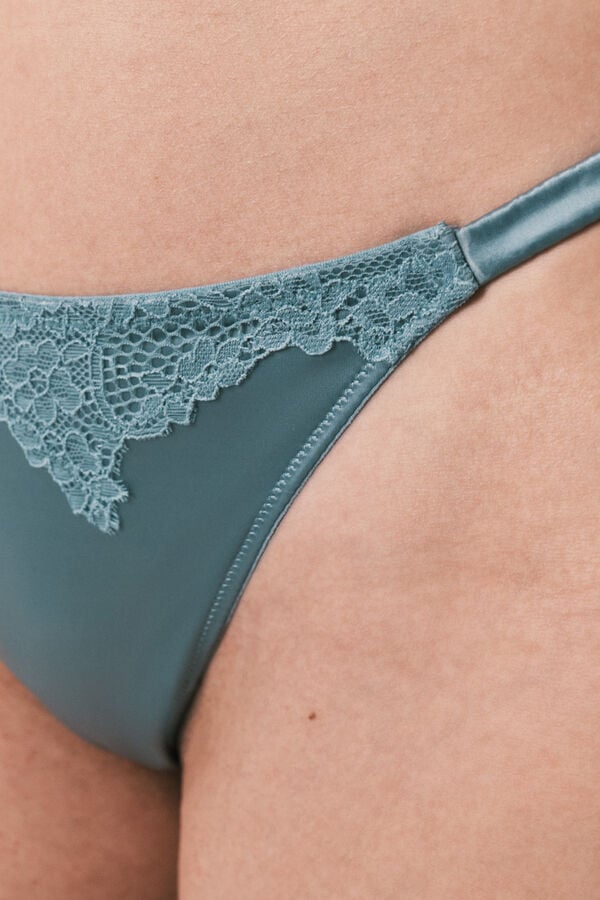 Women'secret Tanga de tiras de microfibra satinada azul azul