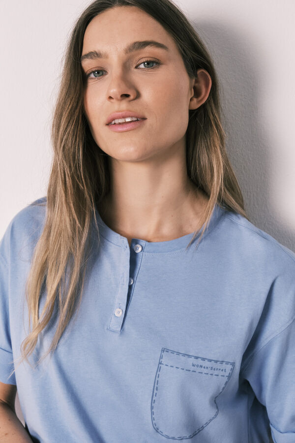 Women'secret Pijama de manga corta y pantal&oacute;n de rayas de algod&oacute;n azul azul