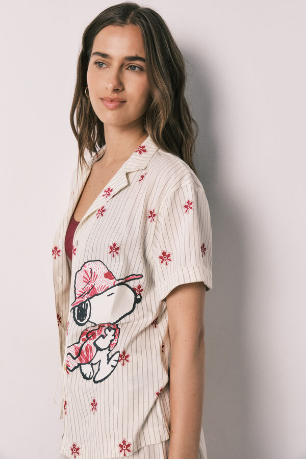 Women'secret Pijama corta camisera de rayas Snoopy marfil