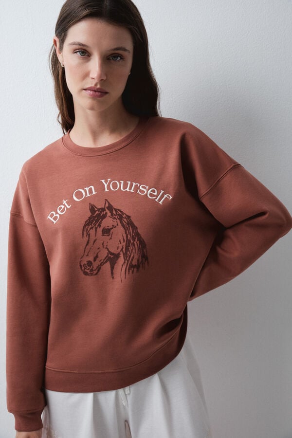 Women'secret Sudadera de algod&oacute;n con caballo marr&oacute;n caf&eacute;