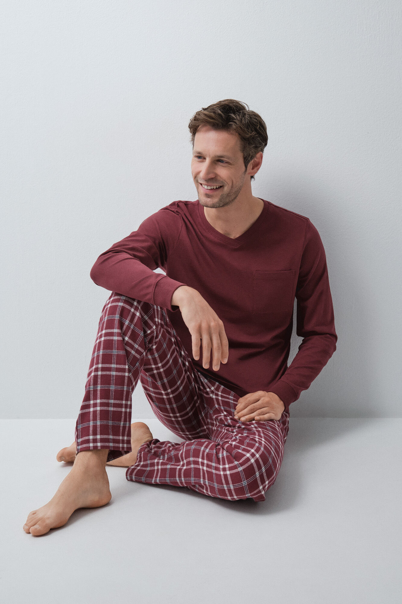 Women'secret Pijama larga de algod&oacute;n a cuadros granate