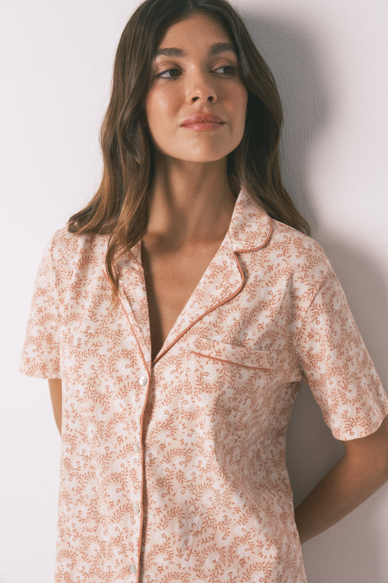 Women'secret Pijama camisera 100% algod&oacute;n con flores naranjas