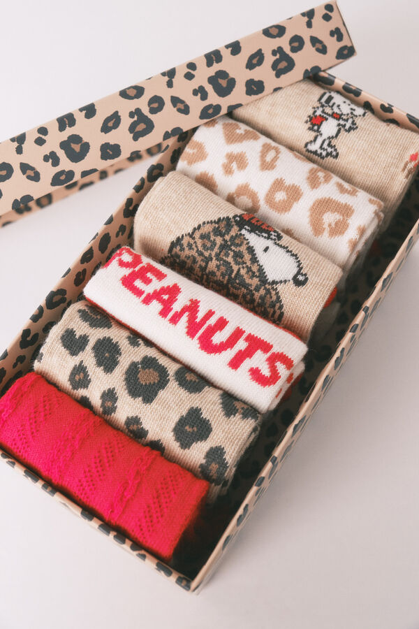 Women'secret Paquete de 6 calcetines largos de algodón de Snoopy estampado