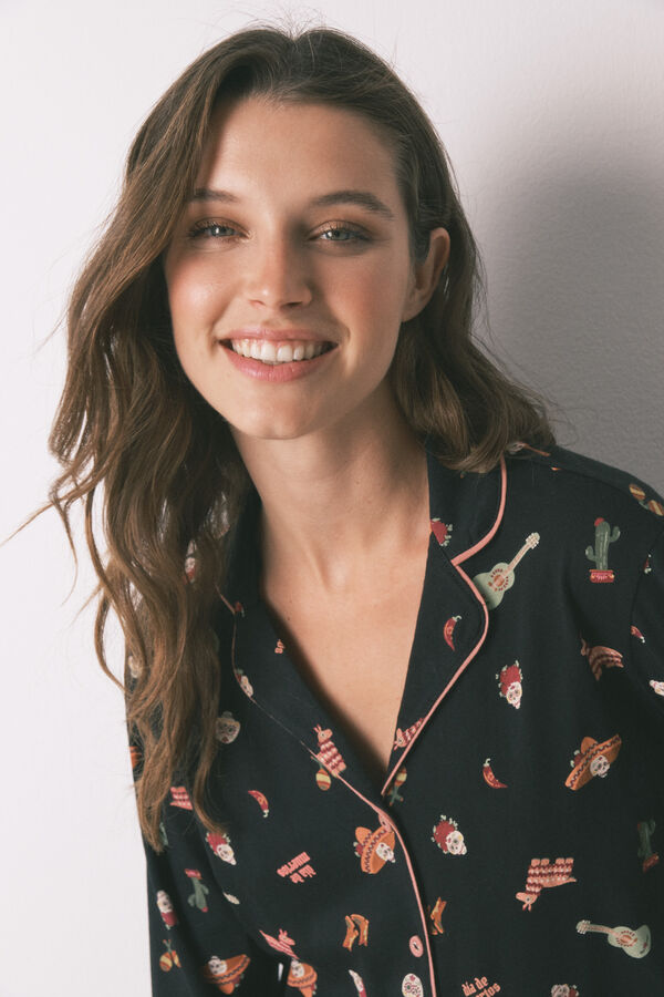 Women'secret Pijama camisera de algodón negro "Día de Muertos" negro