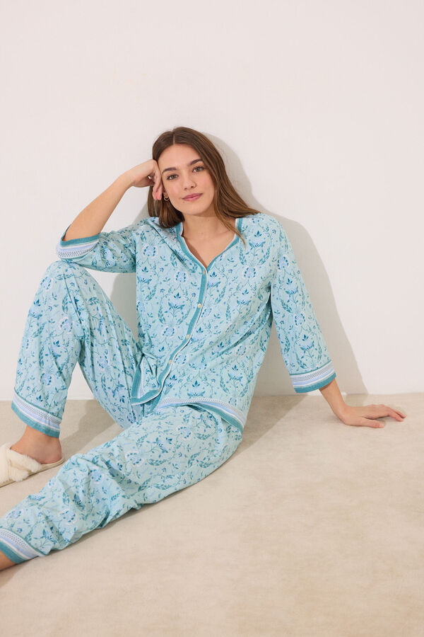 Womensecret Pijama estampado de flores verdes 100% algodón  verde