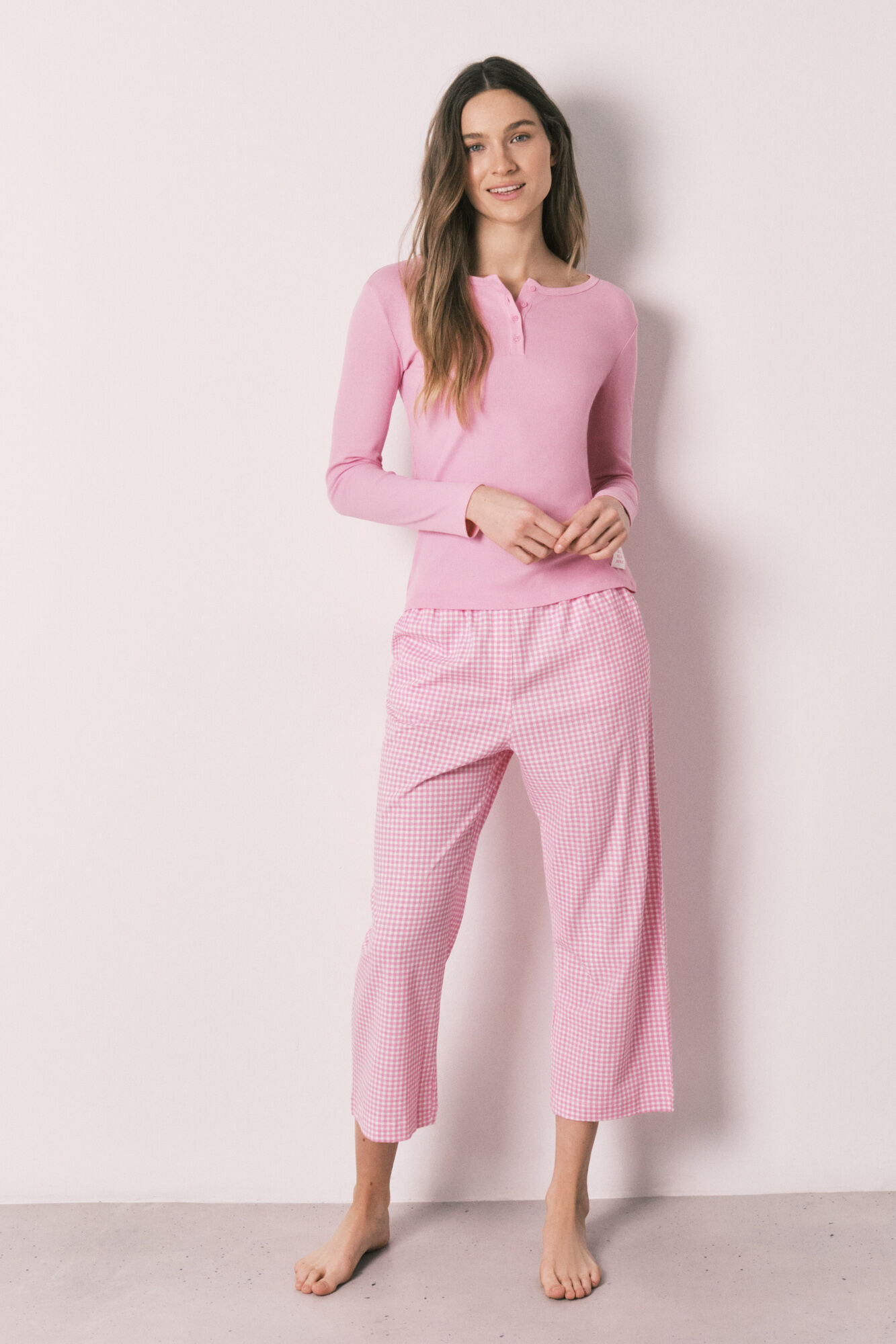Women'secret Pijama larga estampado vichy de algod&oacute;n rosa
