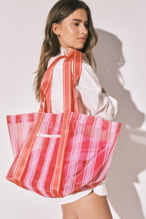 Women'secret Bolsa grande de malla a rayas rosa y naranja estampado