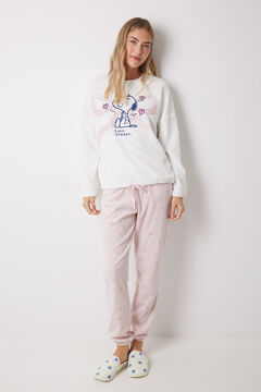 Womensecret Pijama larga de forro polar suave con lazos de Snoopy marfil