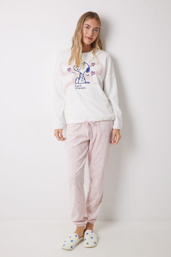 Womensecret Pijama larga de forro polar suave con lazos de Snoopy marfil