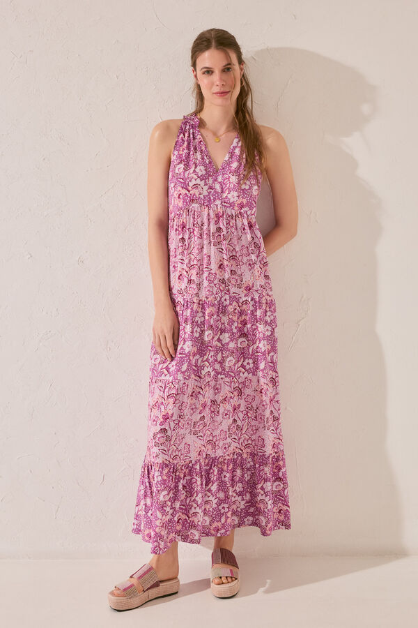 Womensecret Vestido largo de tirantes de viscosa con estampado morado/lila estampado