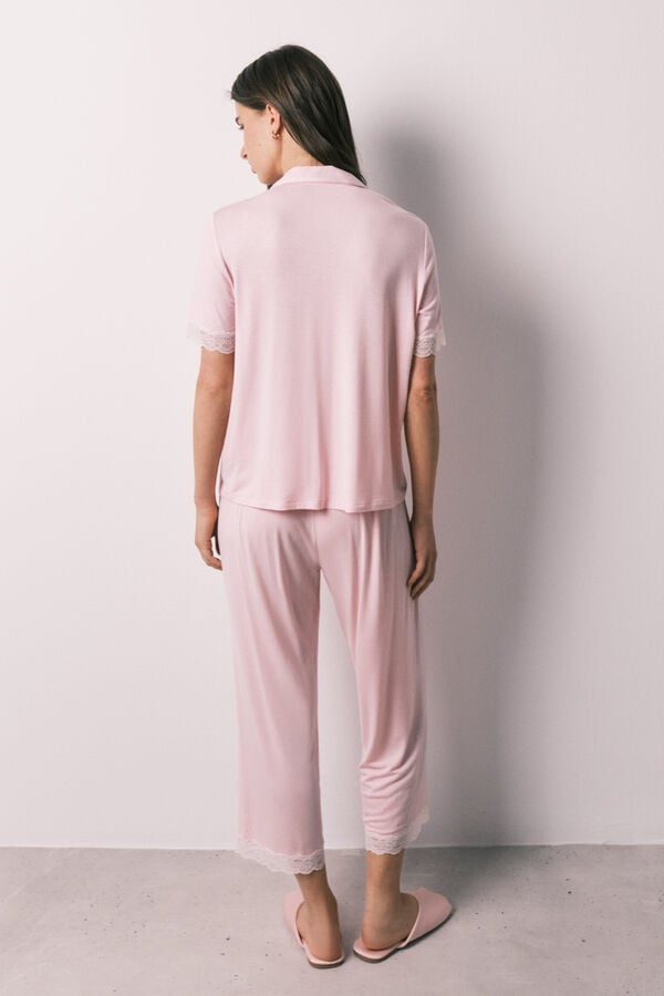Women'secret Pijama camisera capri de viscosa y encaje rosa rosa