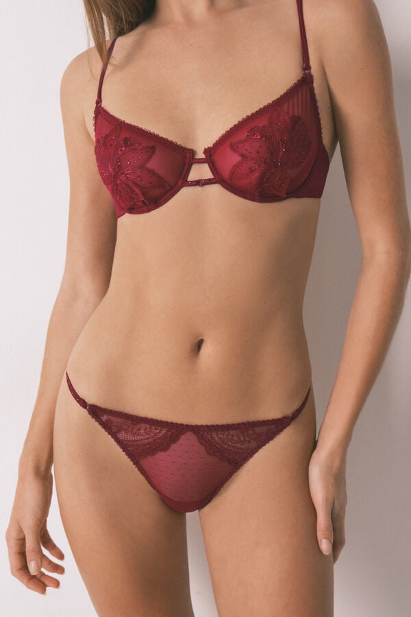 Women'secret Tanga tira plumetí y encaje rojo brillante rojo