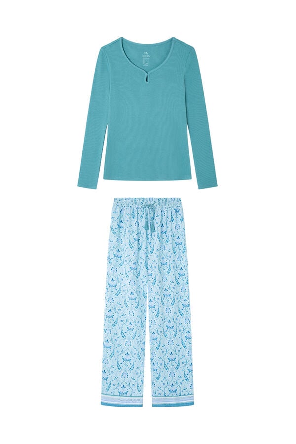 Womensecret Pijama larga verde esmeralda con flores verde